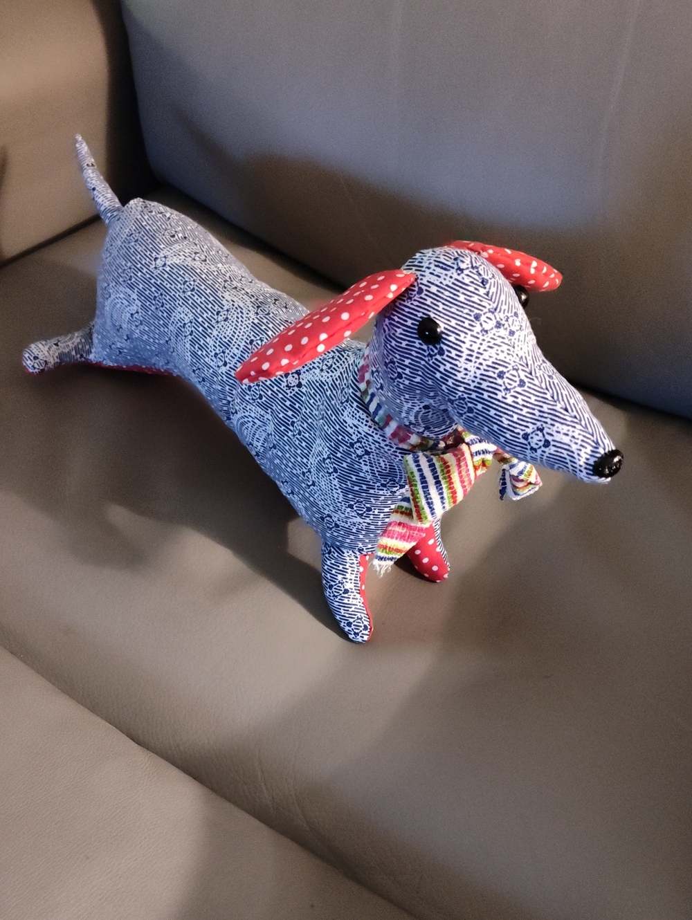 Handmade Blue Pattern Dachshund Dog Plush Toy with Red Accents